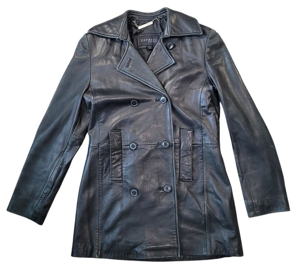 Vintage 90s 100% Leather Double Breasted Peacoat Jacket SIze XS Y2K Goth
